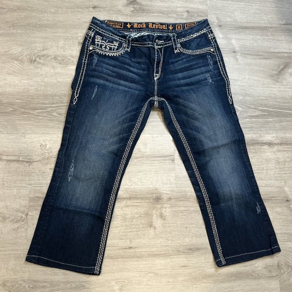 Rock Revival Denim - Rock Revival Jeans Women's 31 Blue Capris Serena Flap Pockets Stretch Dark Denim